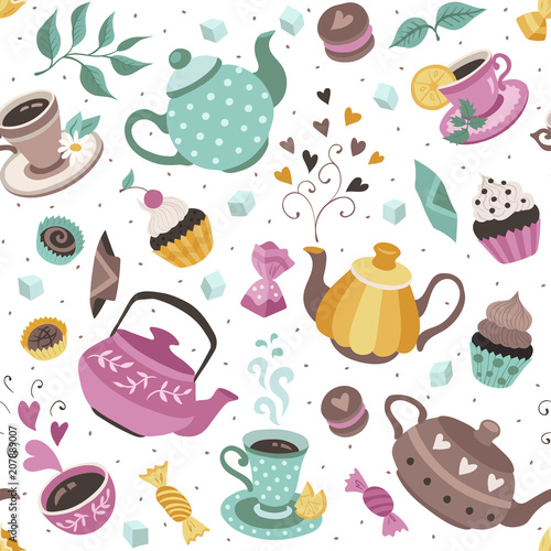 Tea time seamless pattern. Tea party wrapping paper design. Hand drawn doodle illustration with teapots, cups and sweets on white background.