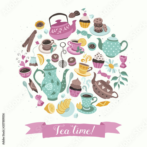 Tea time poster concept. Tea party card design. Hand drawn doodle illustration with teapots, cups and sweets in circle shape composition.
