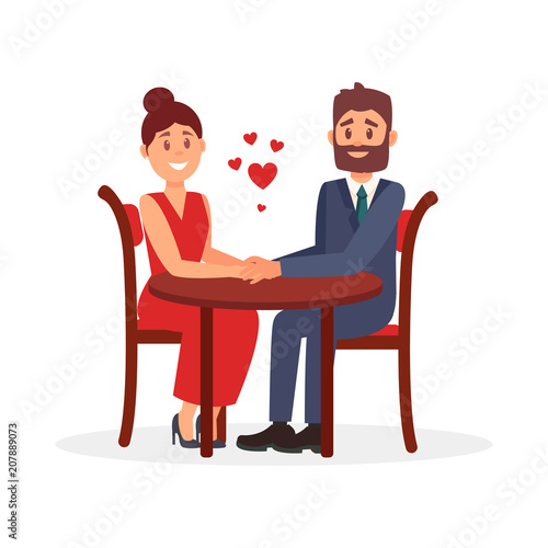 Couple of lovers sitting at table in restaurant and holding hands. Romantic date. Flat vector design