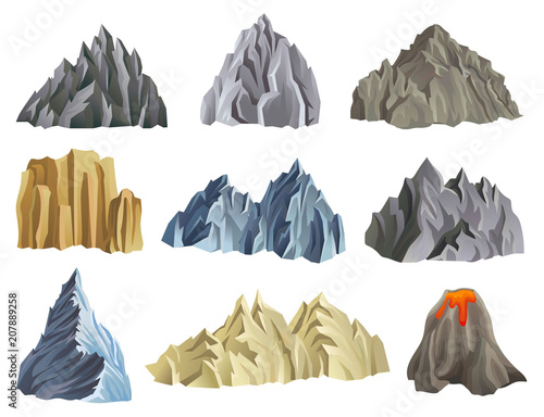 Flat vector set of mountain and volcano silhouettes. Mountaineering theme. Natural landscape element for mobile game or poster about climbing