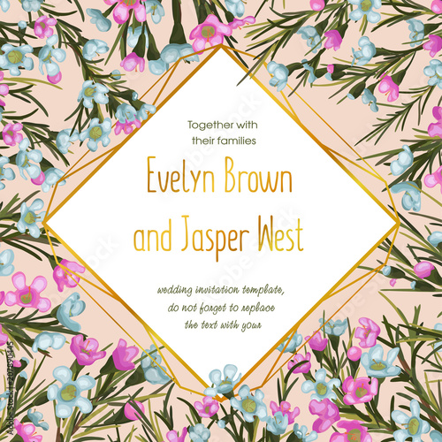 Wedding invite, invitation, save the date card design: Pink and blue wax flowers with green leaves bouquet and golden rhombus frame. Vector rustic postcard