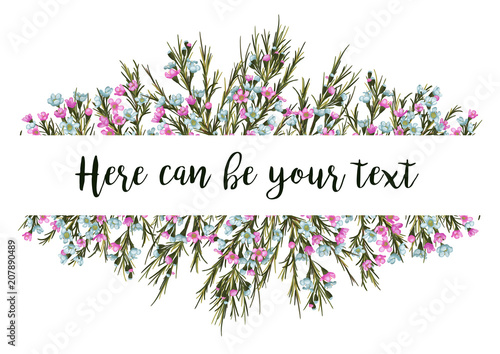 Delicate Vector pattern for wedding invitation, greeting card, banner, label, flyer, certificate. Pink and blue wax flowers with green leaves, with a frame for text isolated on white background