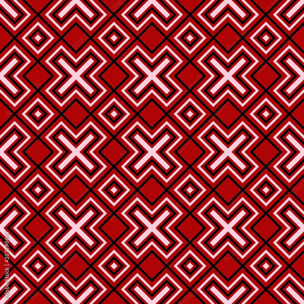 Geometric seamless pattern. Black and white elements on red background Geometric seamless pattern. Black and white elements on red background