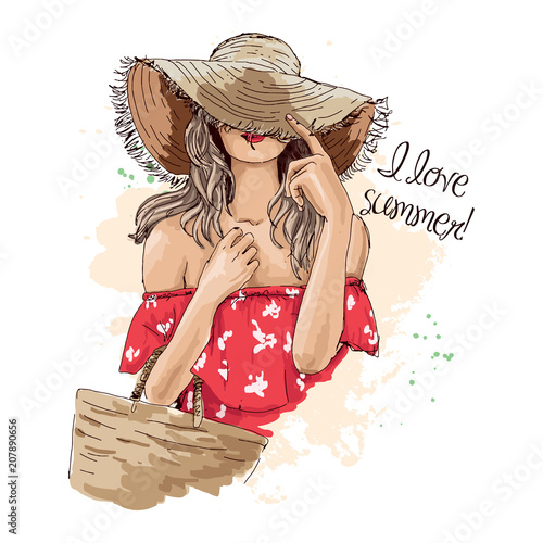 Dekoracja na wymiar  portrait-of-fashionable-woman-in-hat-with-beach-bag-beautiful-young-woman-in-summer-clothes-covers-her-face-with-a-hat-stylish-girl-in-a-hat-hand-drawn-sketch-vector-illustration-of-fashion