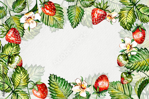Fototapeta Naklejka Na Ścianę i Meble -  Watercolor floral background with strawberries. Summer card with copy space. Frame with watercolor strawberries. Hand painted background.