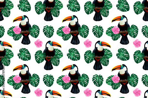 Nature colorful jungle seamless pattern with toucan bird sitting on branch around palm monstera leaves and flowers on white background. Tropical exotic illustration for your summer design