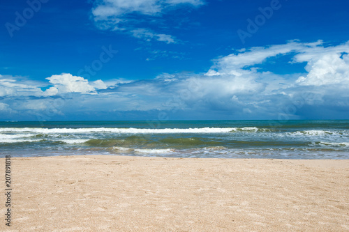 Sea view from tropical beach with sunny sky. Summer paradise beach