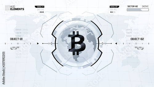 Futuristic Bitcoin cryptocurrency vector globe illustration. Worldwide digital money technology