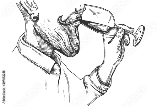 Vector illustration of a bearded man sommelier trying wine. Alcohol drinking process in a hand drawn engraving style.