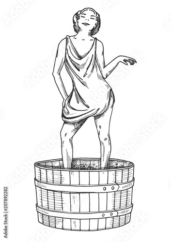 Vector illustration of an attractive young woman crushing grapes with legs for wine making. Vintage hand drawn engraving style.