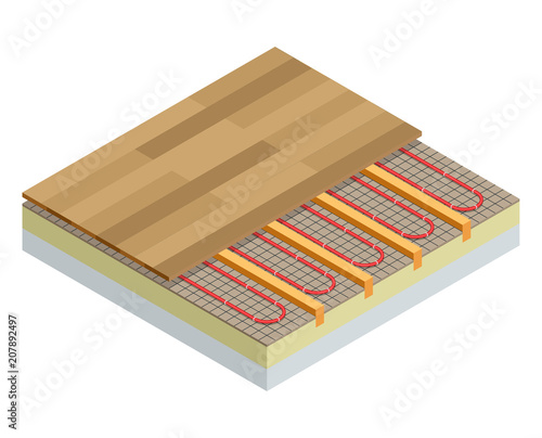 Isometric layers of infrared floor heating system under laminate floor concept. Underfloor heating vector illustration.