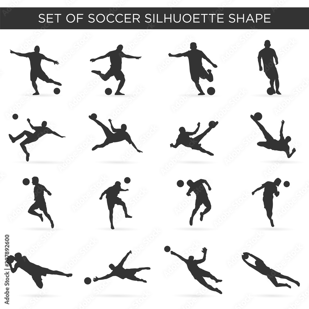 set of soccer silhouette with modern and simple style, kick, rush, football team, competition 