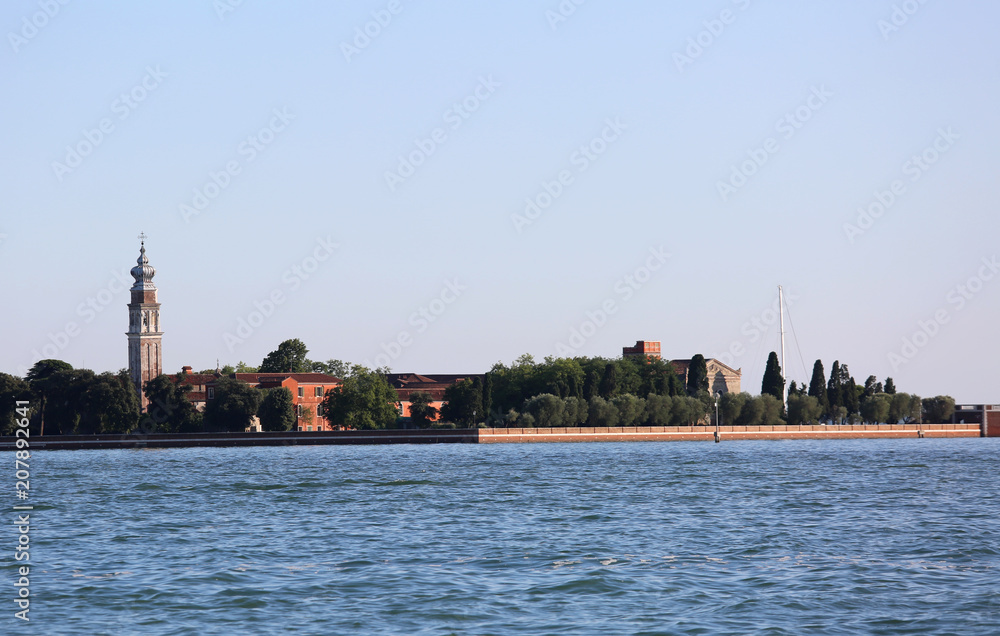 Vnetian lagoon with the island with the church called San Lazzar