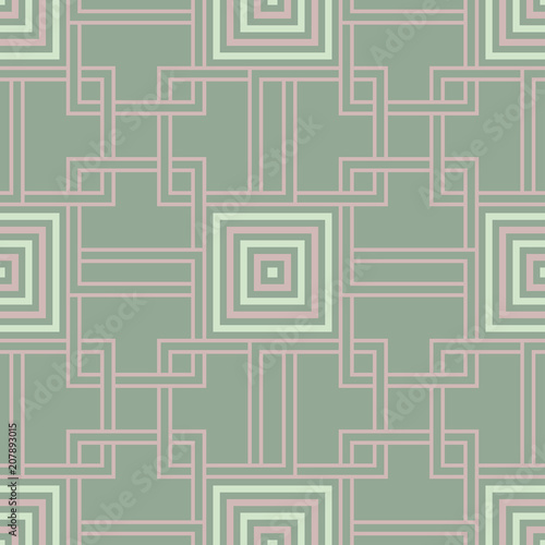 Geometric dark green seamless background wth pink elements