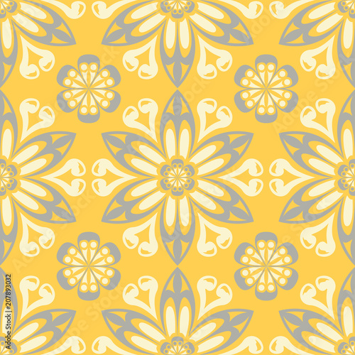 Floral background. Yellow gray and white seamless pattern