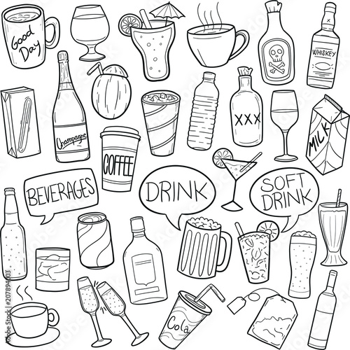 Drinks and Beverages Doodle Icon Hand Draw Line Art	