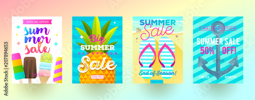 Set of summer sale promotion banners. Vacation  holidays and travel colorful bright background. Poster or flyer design. Vector illustration.
