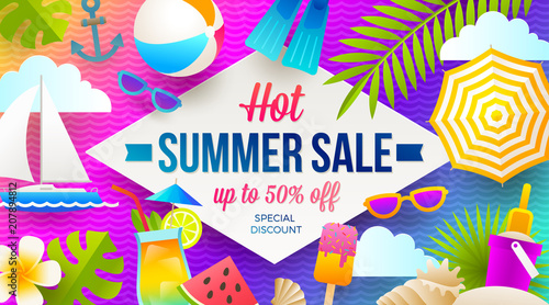 Summer sale promotion banner. Vacation, holidays and travel colorful bright background. Poster or flyer design. Vector illustration.