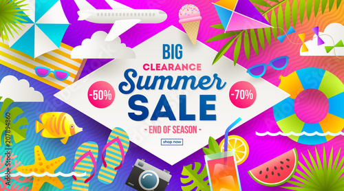 Summer sale promotion banner. Vacation, holidays and travel colorful bright background. Poster or flyer design. Vector illustration.