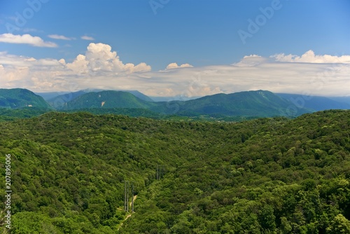 Panorama of a large valley between mountains covered with forest. Sunny day. Beautiful cumulus clouds over the tops of mountains against a blue sky.