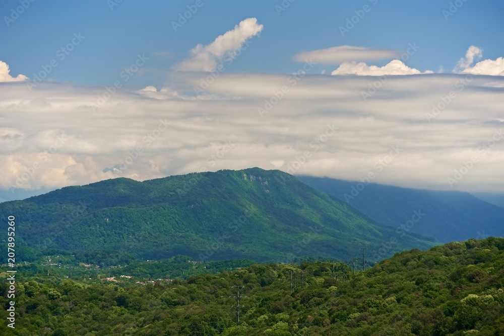 Panorama of a large valley between mountains covered with forest. Sunny day. Beautiful cumulus clouds over the tops of mountains against a blue sky. Panorama of a large valley between mountains covered with forest. Sunny day. Beautiful cumulus clouds over the tops of mountains against a blue sky.