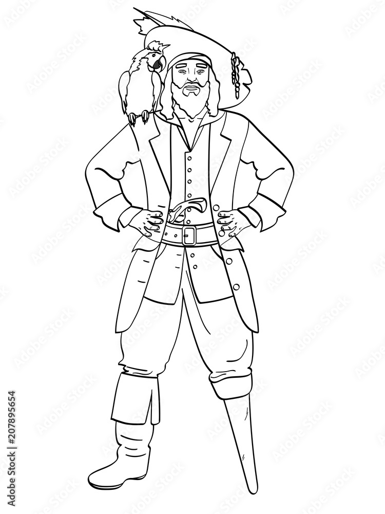 One-legged captain, wooden foot, man is a pirate, a sailor. Vector, Children coloring, black lines, white background