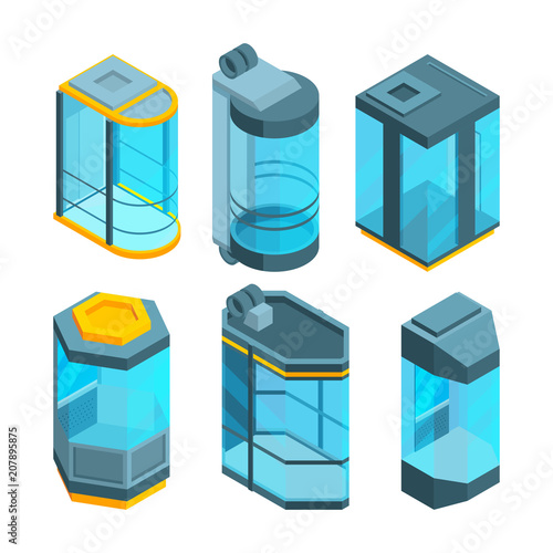 Various glass elevators with steel gates and panels. Isometric vector pictures