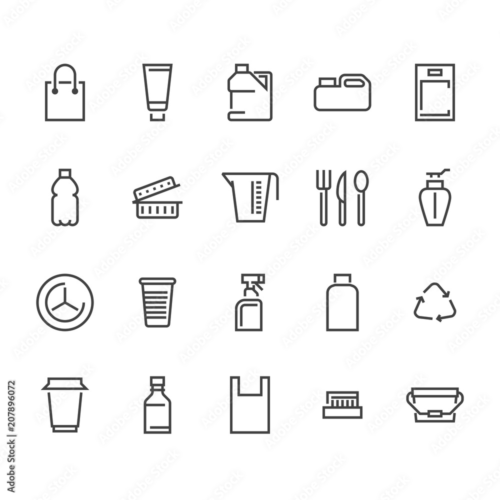 Plastic packaging, disposable tableware line icons. Product packs, container, bottle, canister, plates cutlery. Container thin signs, waste recycling. Pixel perfect 48x48