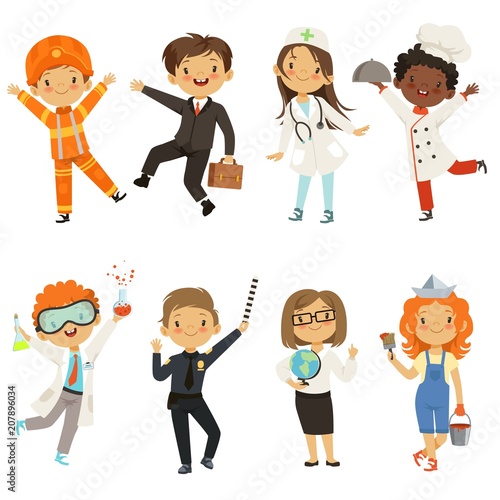 Young kids boys and girls of different professions