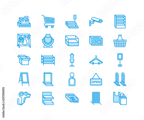 Retail store supplies line icons. Trade shop equipment signs. Commercial objects - cash register, basket, scales, shopping cart, shelving, display cases. Pixel perfect 64x64.