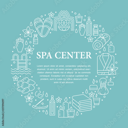 Spa center banner illustration with flat line icons. Essential oils, aromatherapy massage, turkish steam bath hamam sauna, swimming pool. Circle template thin linear signs body treatments.