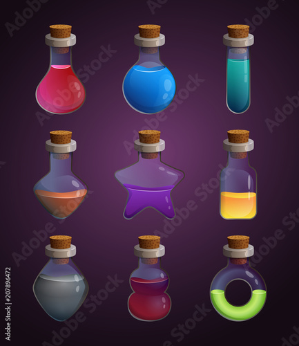Glass bottles at different shapes with various liquid poison. Tools for game design projects