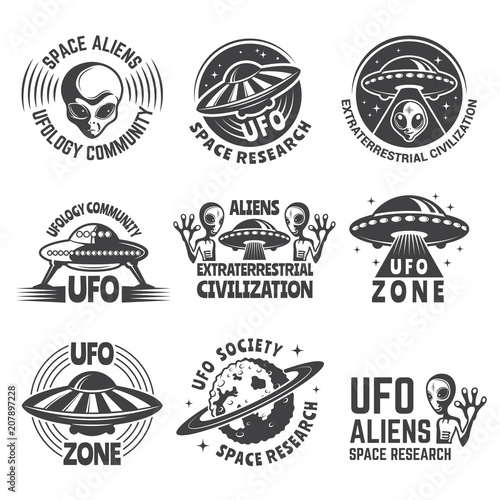 Monochrome labels or badges with pictures of aliens, ufo and space