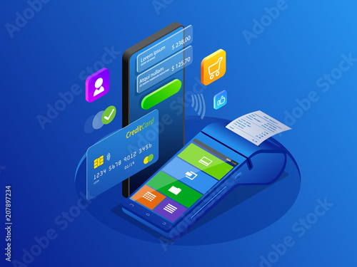 Isometric shopping online and payment online concepts. Internet payments, protection money transfer, online bank vector illustration