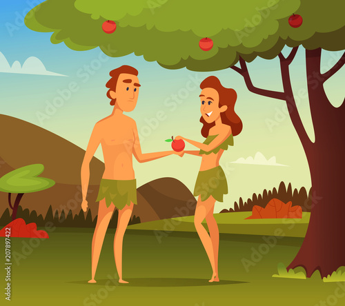 Background picture of Biblical story. Temptation Of Adam. Illustration of first man and woman