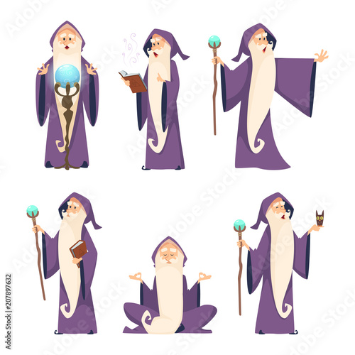 Wizard male. Cartoon mascot in action poses