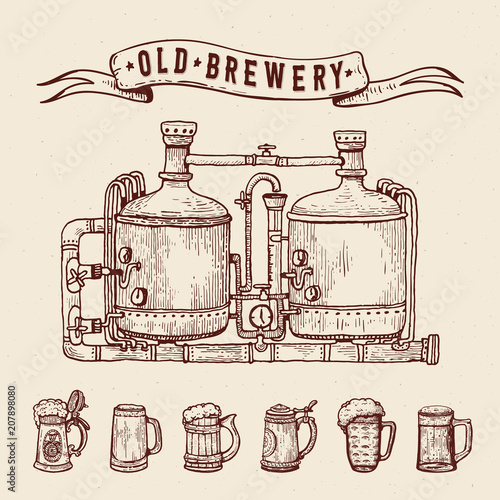 Vintage engraving style beer set. Retro brewery engraving. Copper tanks and barrels, beer mugs and ribbon. Craft beer Local brewery. Beer pint hand drawn ink sketch.