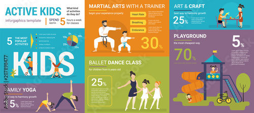 Active kids infographics vector illustration of children classes with graphs and diagrams. Flat template of family yoga  martial arts  ballet class  crafts and playground. Kids lifestyle presentation