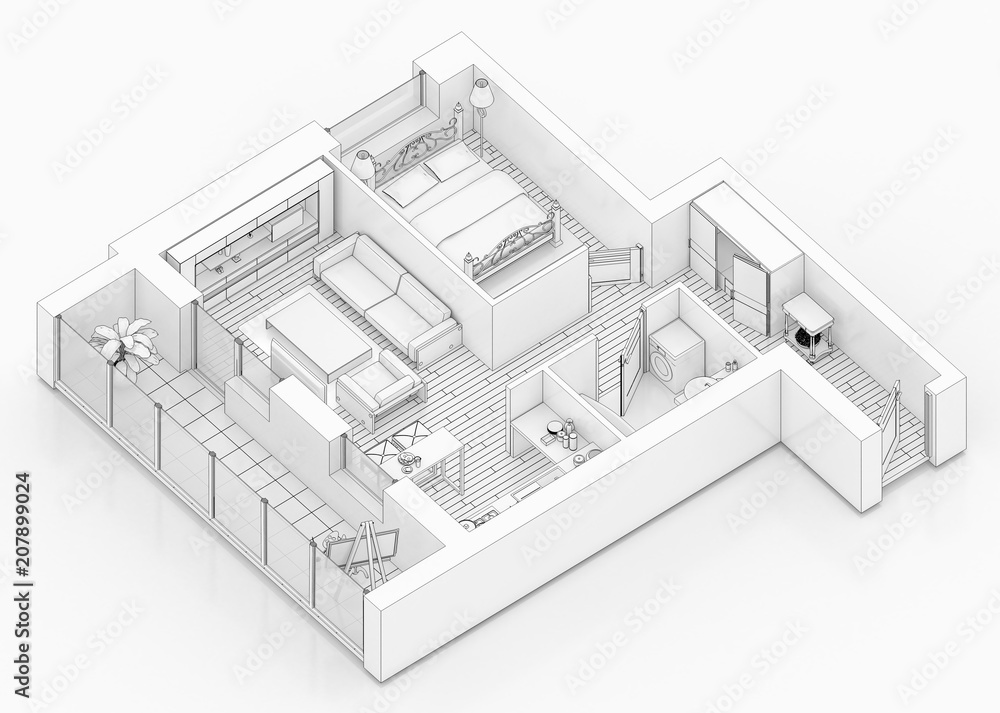 Line drawing floor plan on a white background, Mock up of furnished home apartment Line drawing floor plan on a white background, Mock up of furnished home apartment
