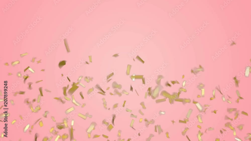 Gold confetti falling down on pastel pink background. Green screen footage.