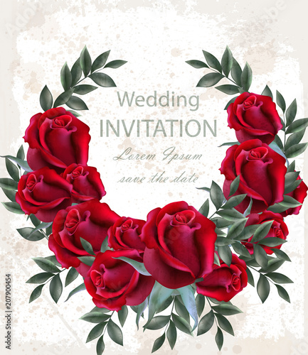 Wedding roses wreath Vector. Beautiful red flowers garland. Invitation card e...