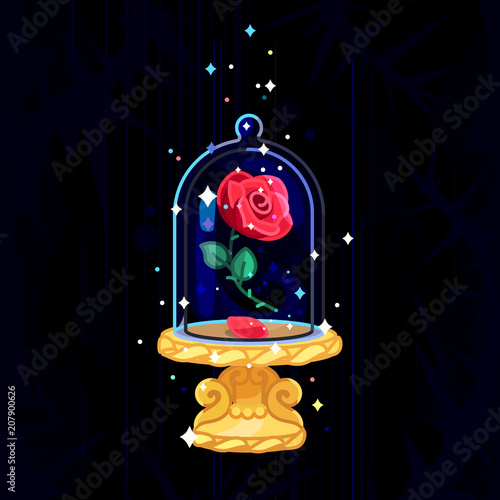 vector Beauty and Beast. Rose in glass dome, flask