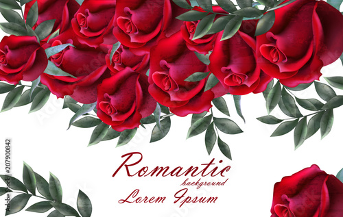 Romantic roses card Vector. Beautiful red roses flowers banner decor. Elegant...