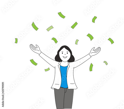 business woman open arm with money falling