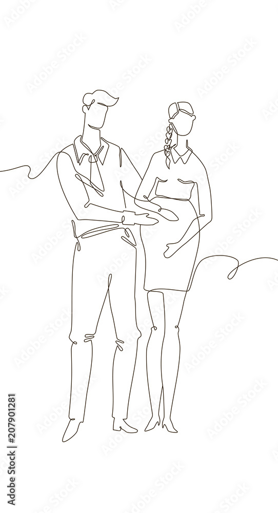 Happy couple expecting a child - one line design style illustration Happy couple expecting a child - one line design style illustration