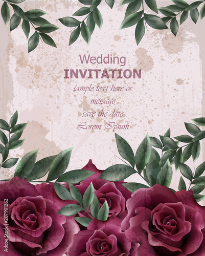 Wedding Invitation with roses Vector. Beautiful rose flowers decor. Elegant d...