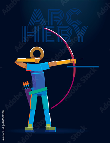 Archer is taking aim. Vector color line pictogram.