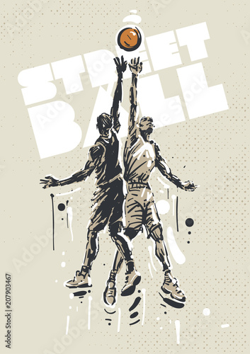 Streetball players in a jump. Sketch style