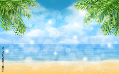 Sea beach with palm trees and glare. Background for illustration of summer vacation..