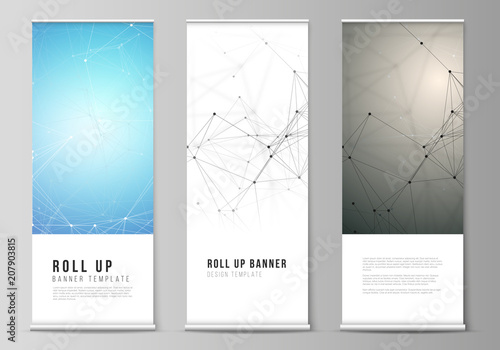The vector layout of roll up banner stands, vertical flyers, flags design business templates. Technology, science, medical concept. Molecule structure, connecting lines and dots. Futuristic background photo